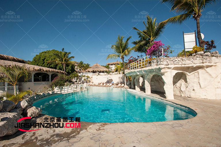 DIY塑石假山景觀水池涼棚在yan熱的夏季里提供遮蔭