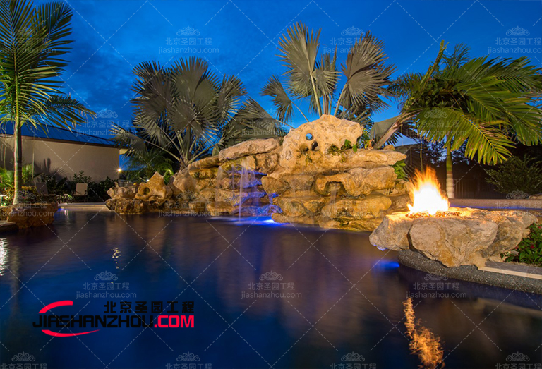 河北白洋淀別墅花園塑石假山景觀水池建筑設計裝修實景圖