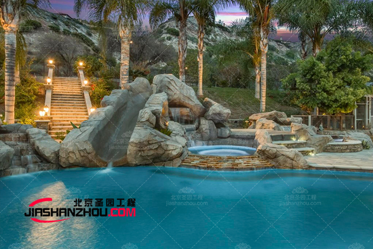帶巖石島的綠洲現代塑石假山水池景觀