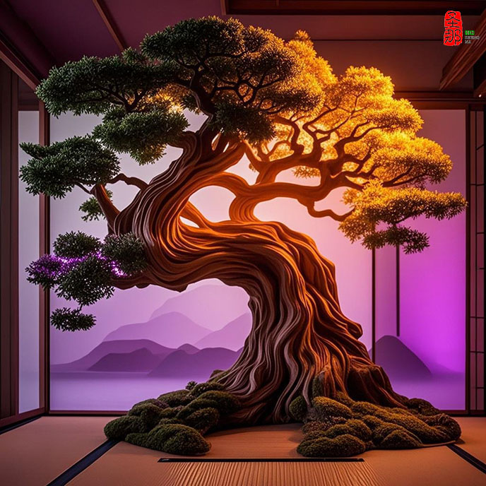 jimeng-2025-05-14-426-這是一個充滿奇幻色彩的仿真樹，通過造型等元素構建出一個童話般的世界，銳利細節，像真實場景一樣。簡單背景。去除場景中的桌椅。構建出一個童話般的異世界，霓虹紫光....jpeg