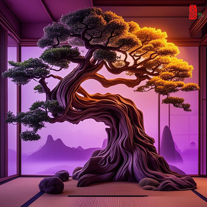 jimeng-2025-05-14-427-這是一個充滿奇幻色彩的仿真樹，通過造型等元素構建出一個童話般的世界，銳利細節，像真實場景一樣。簡單背景。去除場景中的桌椅。構建出一個童話般的異世界，霓虹紫光....jpeg